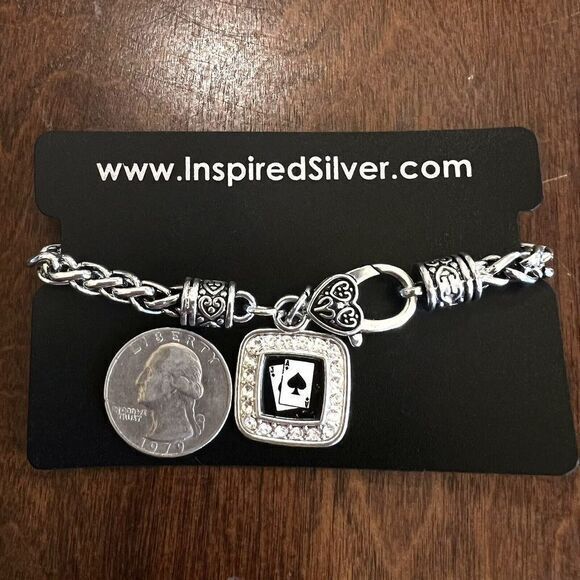 Silver Plated Blackjack Square Charm Braided‎ Bracelet Cubic Zirconia 7.5 in - Picture 3 of 13